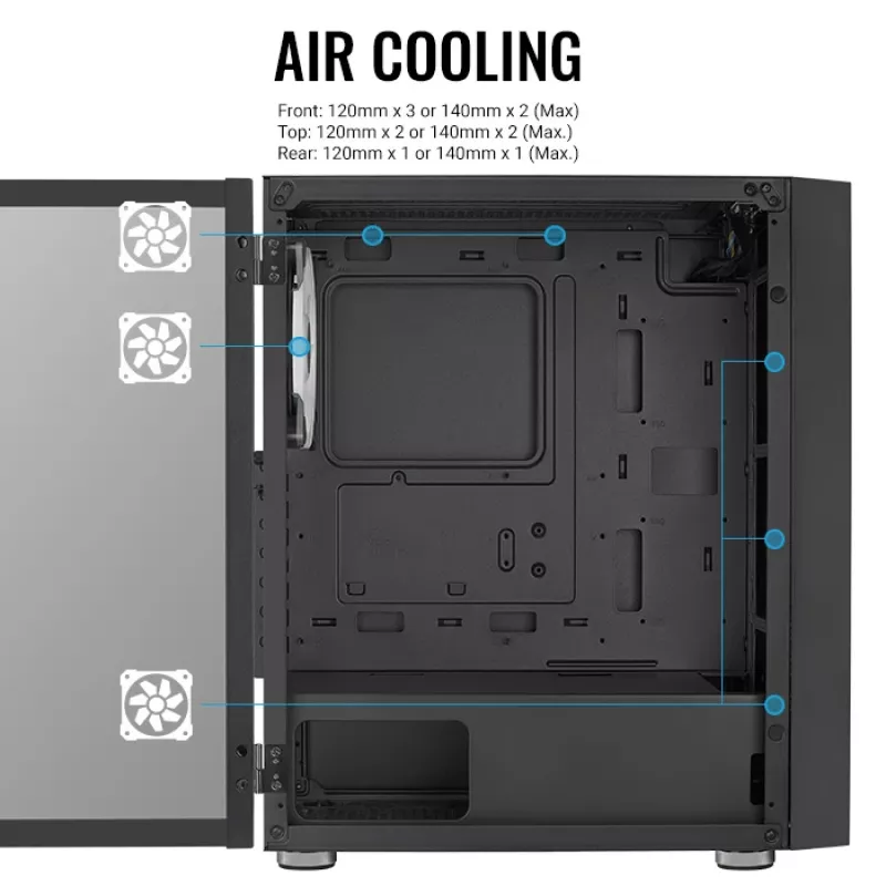 PC Midi Tower korpuss AEROCOOL Graphite‑G‑BK‑v2 — Melns, ATX/Micro‑ATX/Mini‑ITX, priekšā 2×140 mm + aizmugurē 1×140 mm