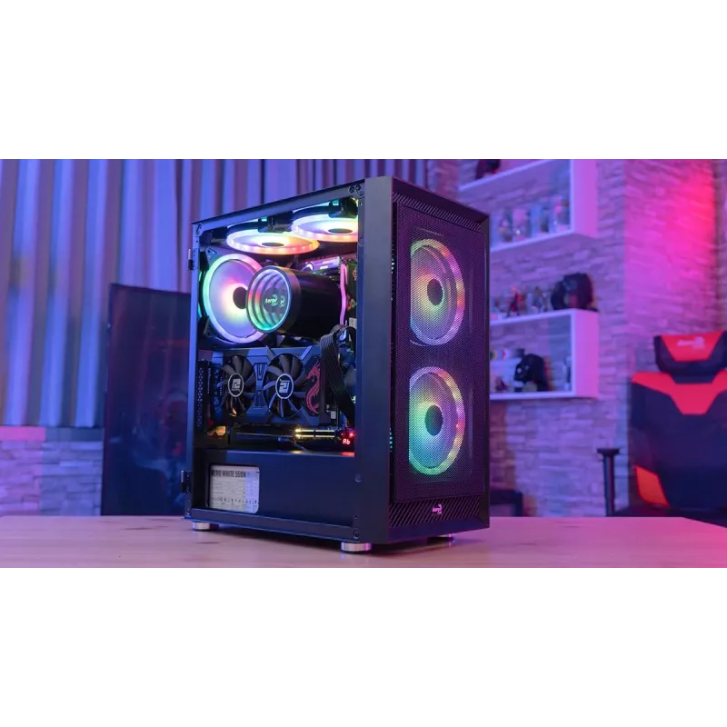 PC Midi Tower korpuss AEROCOOL Graphite‑G‑BK‑v2 — Melns, ATX/Micro‑ATX/Mini‑ITX, priekšā 2×140 mm + aizmugurē 1×140 mm