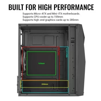 PC case AEROCOOL Raider Mini G V3 Mini-ITX / microATX, melns, sānu logs, zaļš LED, maks. GPU 285 mm, CPU dzesētājs 159 mm