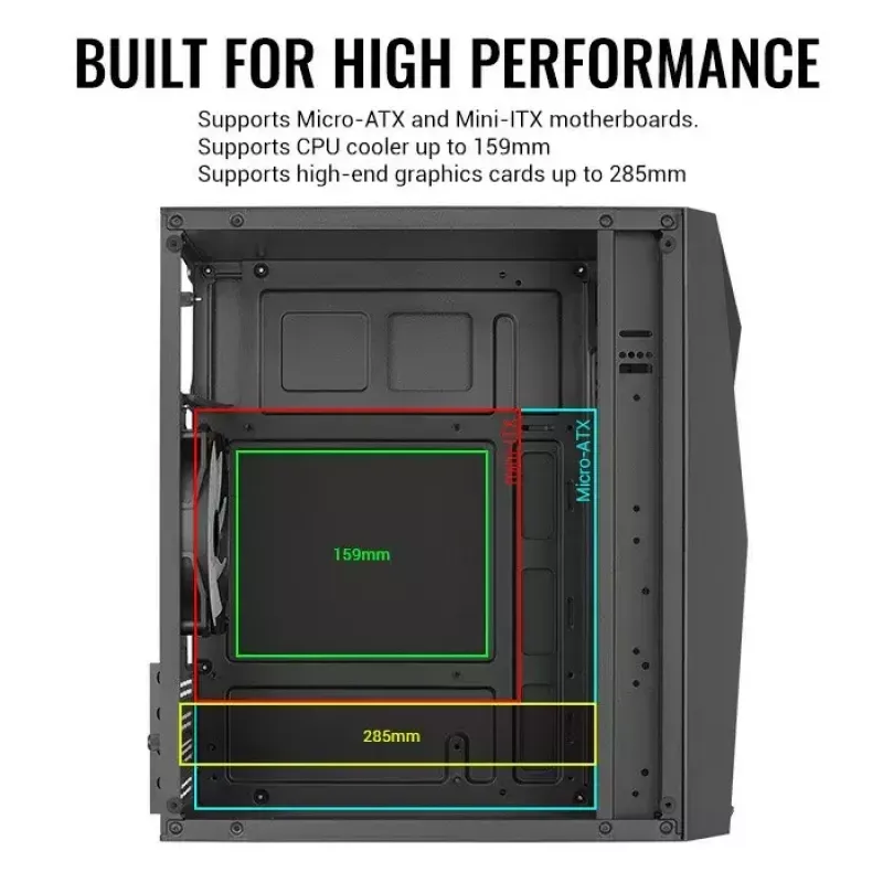 PC case AEROCOOL Raider Mini G V3 Mini-ITX / microATX, melns, sānu logs, zaļš LED, maks. GPU 285 mm, CPU dzesētājs 159 mm
