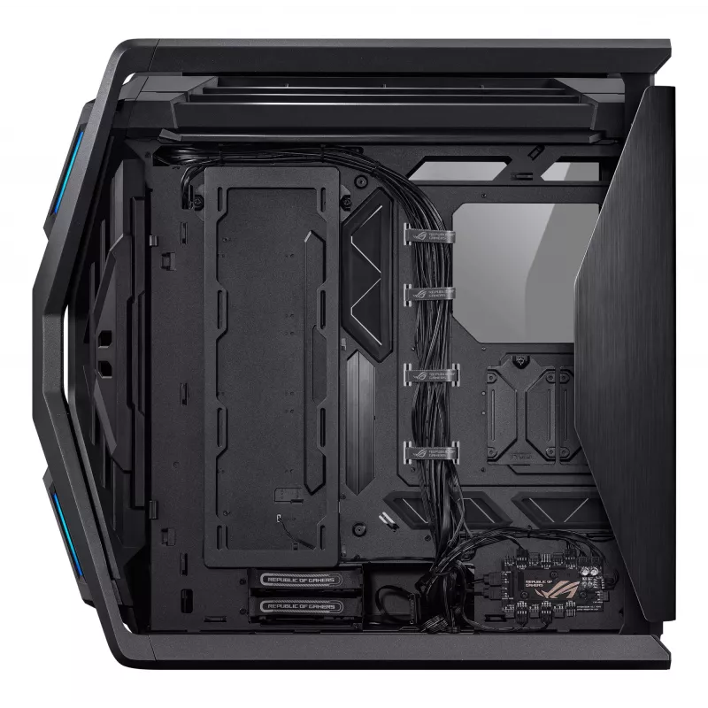 PC korpuss ASUS ROG Hyperion GR701 BTF Edition Tower — melns, rūdīts stikls, E-ATX/ATX/microATX atbalsts, 46 cm GPU, 420 mm augšējais radiators