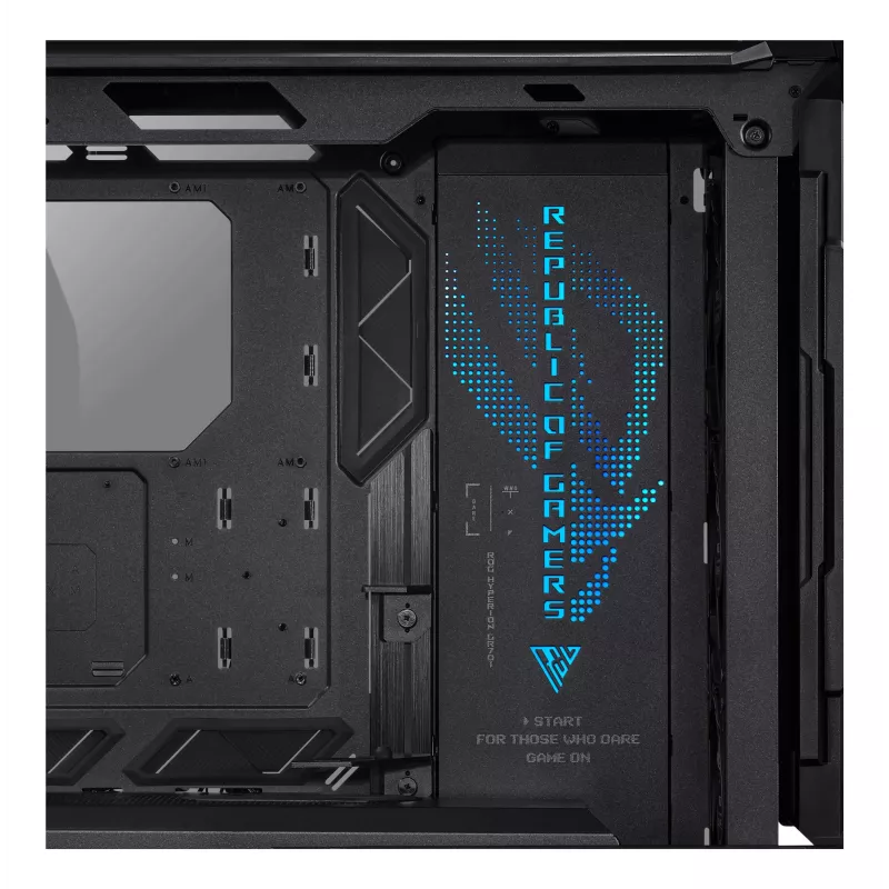 PC korpuss ASUS ROG Hyperion GR701 BTF Edition Tower — melns, rūdīts stikls, E-ATX/ATX/microATX atbalsts, 46 cm GPU, 420 mm augšējais radiators