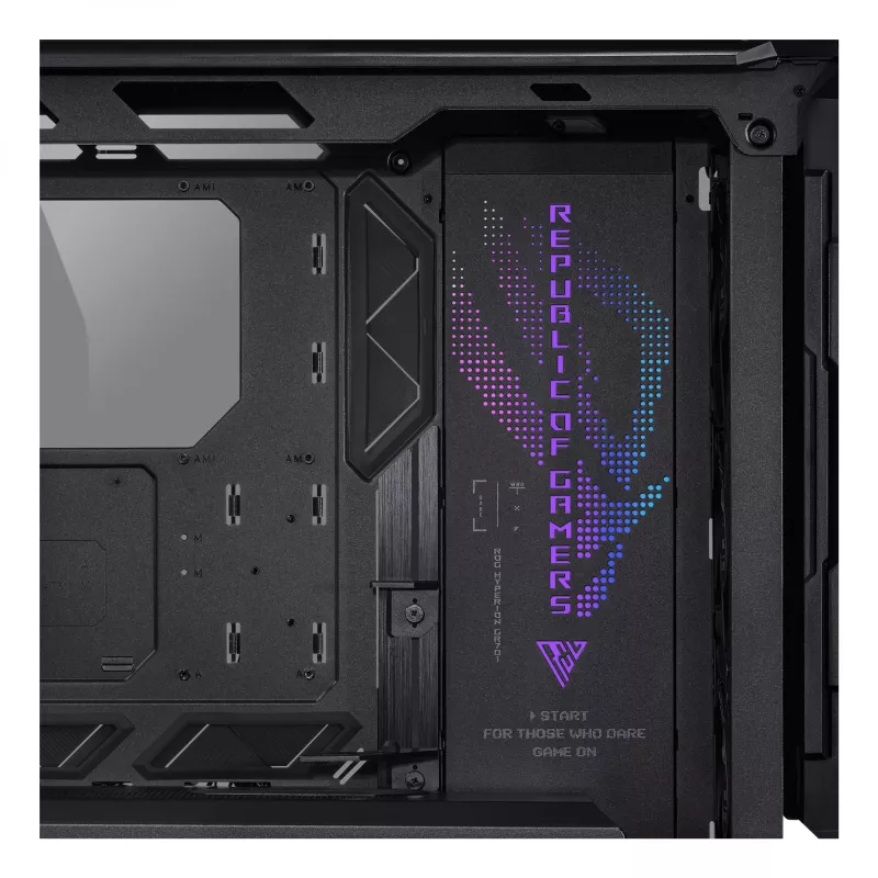PC korpuss ASUS ROG Hyperion GR701 BTF Edition Tower — melns, rūdīts stikls, E-ATX/ATX/microATX atbalsts, 46 cm GPU, 420 mm augšējais radiators