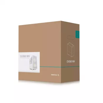 PC korpuss DeepCool CH360 micro ATX balts — rūdīts stikls, 2x140mm priekšējie ventilatori, USB-C, atbalsta GPU līdz 320 mm