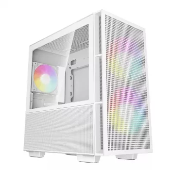 PC korpuss DeepCool CH360 micro ATX balts — rūdīts stikls, 2x140mm priekšējie ventilatori, USB-C, atbalsta GPU līdz 320 mm