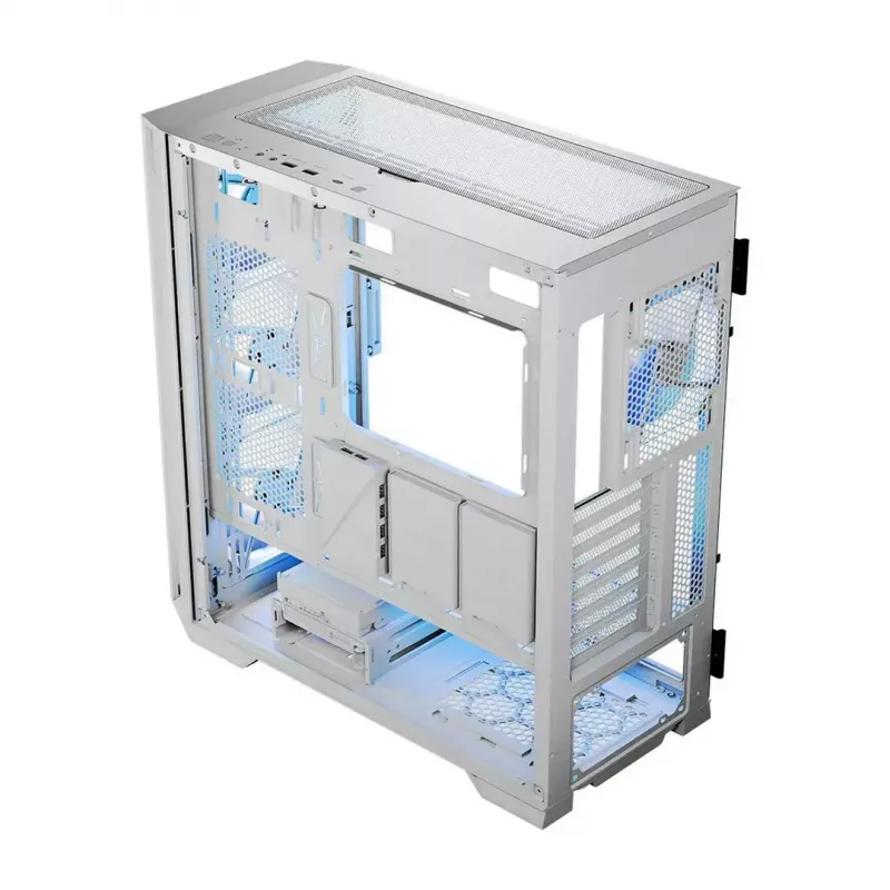 Datora korpuss MODECOM HORIZON FLOW MIDI balta — Midi-Tower, ARGB, Rūdīts stikls, micro ATX, USB-C, 3x140 mm priekšā, 1x140 mm aizmugurē, GPU līdz 400 mm, CPU dzesētāja augstums 172 mm