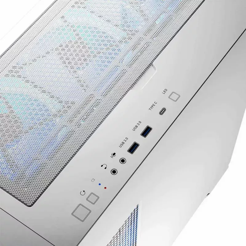 Datora korpuss MODECOM HORIZON FLOW MIDI balta — Midi-Tower, ARGB, Rūdīts stikls, micro ATX, USB-C, 3x140 mm priekšā, 1x140 mm aizmugurē, GPU līdz 400 mm, CPU dzesētāja augstums 172 mm