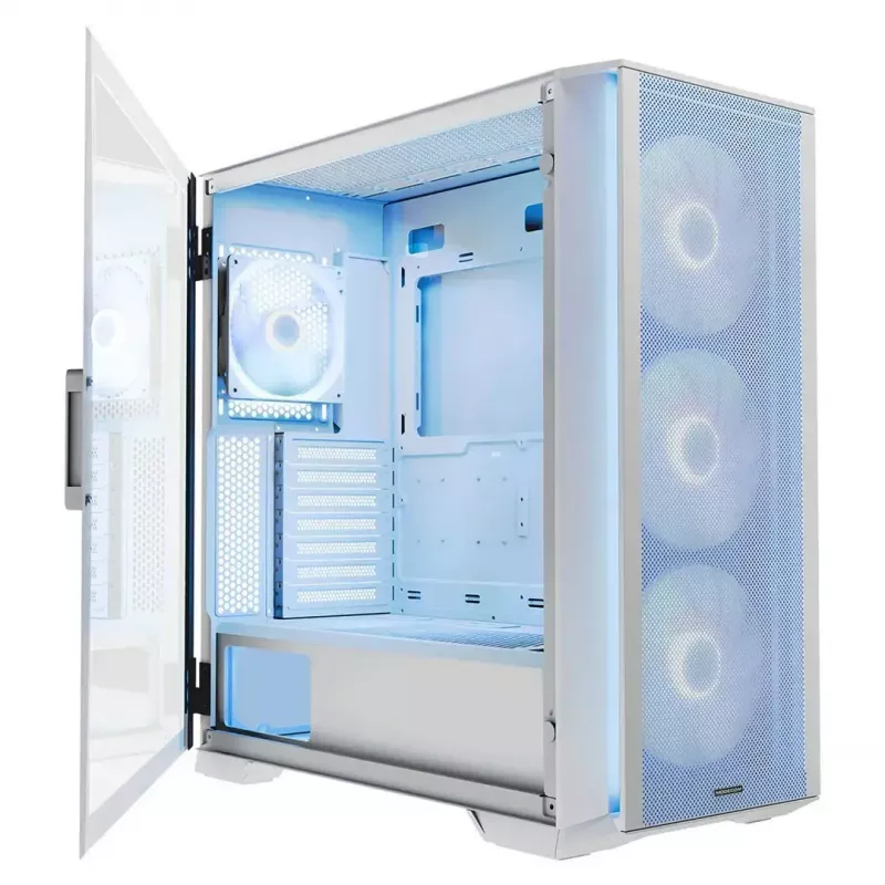 Datora korpuss MODECOM HORIZON FLOW MIDI balta — Midi-Tower, ARGB, Rūdīts stikls, micro ATX, USB-C, 3x140 mm priekšā, 1x140 mm aizmugurē, GPU līdz 400 mm, CPU dzesētāja augstums 172 mm