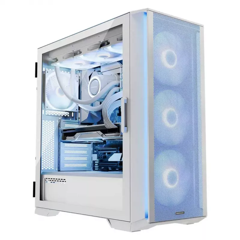 Datora korpuss MODECOM HORIZON FLOW MIDI balta — Midi-Tower, ARGB, Rūdīts stikls, micro ATX, USB-C, 3x140 mm priekšā, 1x140 mm aizmugurē, GPU līdz 400 mm, CPU dzesētāja augstums 172 mm