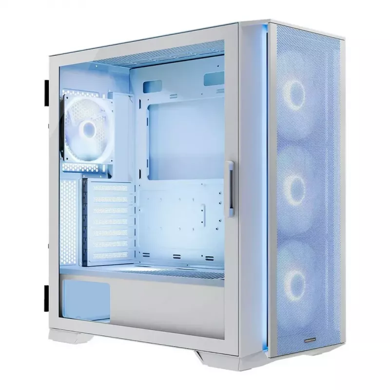 Datora korpuss MODECOM HORIZON FLOW MIDI balta — Midi-Tower, ARGB, Rūdīts stikls, micro ATX, USB-C, 3x140 mm priekšā, 1x140 mm aizmugurē, GPU līdz 400 mm, CPU dzesētāja augstums 172 mm