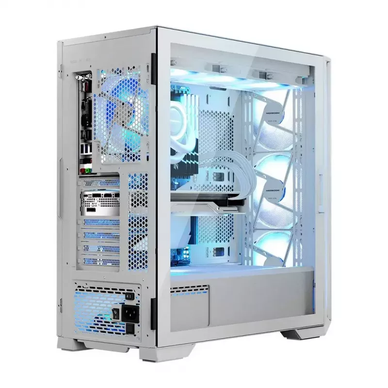 Datora korpuss MODECOM HORIZON FLOW MIDI balta — Midi-Tower, ARGB, Rūdīts stikls, micro ATX, USB-C, 3x140 mm priekšā, 1x140 mm aizmugurē, GPU līdz 400 mm, CPU dzesētāja augstums 172 mm