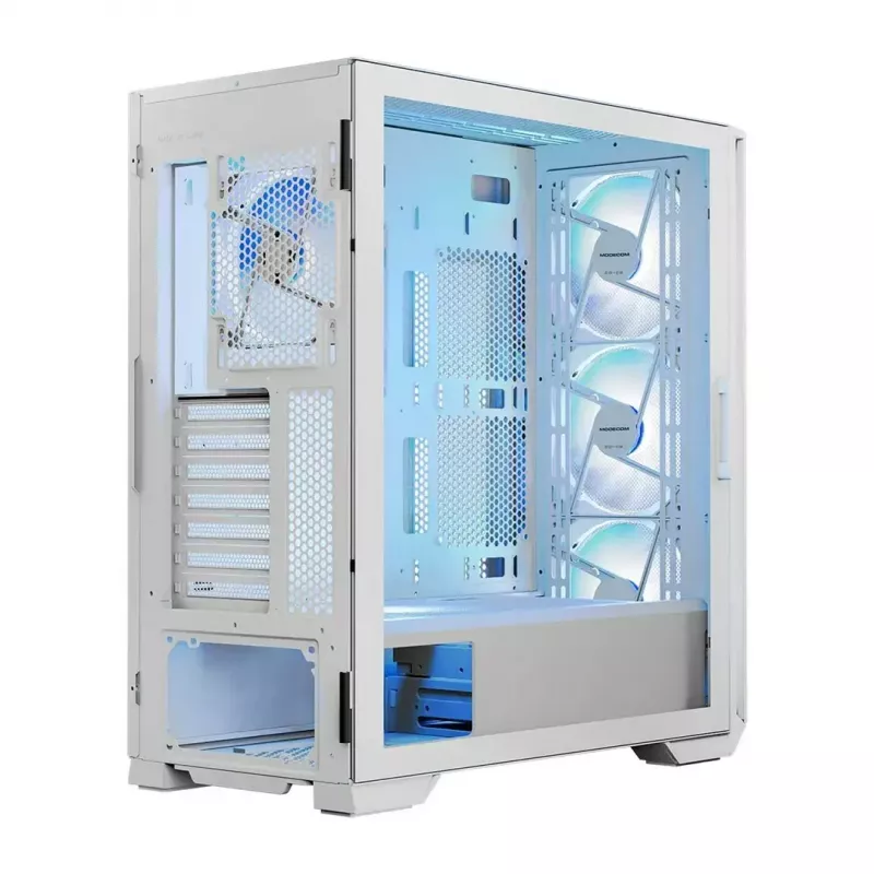 Datora korpuss MODECOM HORIZON FLOW MIDI balta — Midi-Tower, ARGB, Rūdīts stikls, micro ATX, USB-C, 3x140 mm priekšā, 1x140 mm aizmugurē, GPU līdz 400 mm, CPU dzesētāja augstums 172 mm