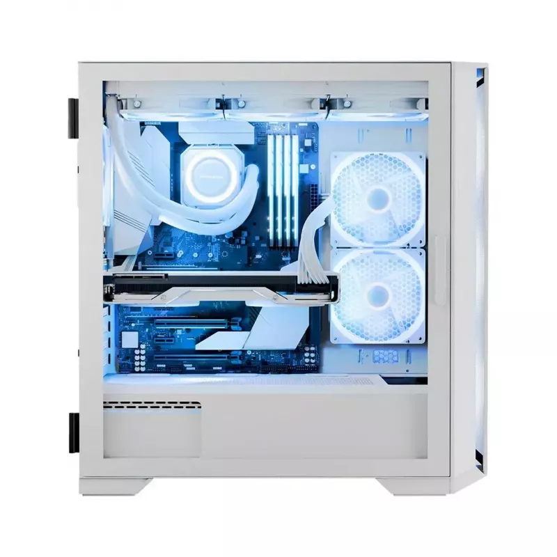 Datora korpuss MODECOM HORIZON FLOW MIDI balta — Midi-Tower, ARGB, Rūdīts stikls, micro ATX, USB-C, 3x140 mm priekšā, 1x140 mm aizmugurē, GPU līdz 400 mm, CPU dzesētāja augstums 172 mm