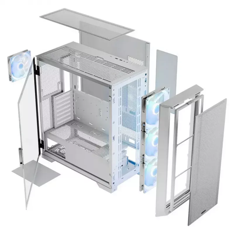 Datora korpuss MODECOM HORIZON FLOW MIDI balta — Midi-Tower, ARGB, Rūdīts stikls, micro ATX, USB-C, 3x140 mm priekšā, 1x140 mm aizmugurē, GPU līdz 400 mm, CPU dzesētāja augstums 172 mm