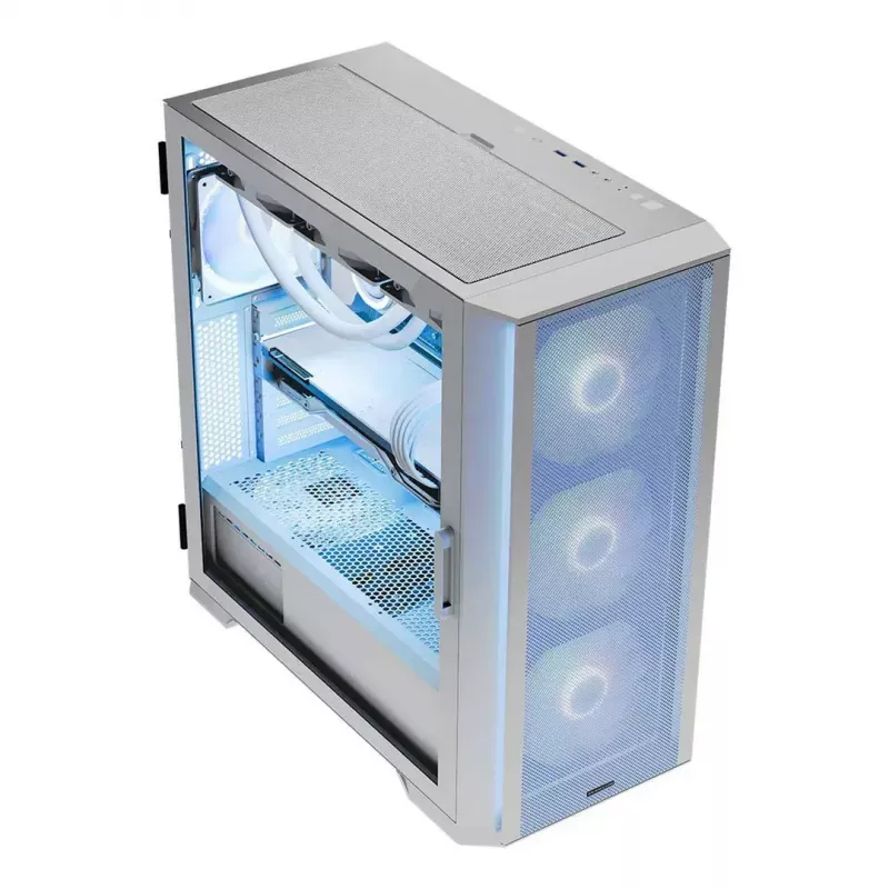 Datora korpuss MODECOM HORIZON FLOW MIDI balta — Midi-Tower, ARGB, Rūdīts stikls, micro ATX, USB-C, 3x140 mm priekšā, 1x140 mm aizmugurē, GPU līdz 400 mm, CPU dzesētāja augstums 172 mm
