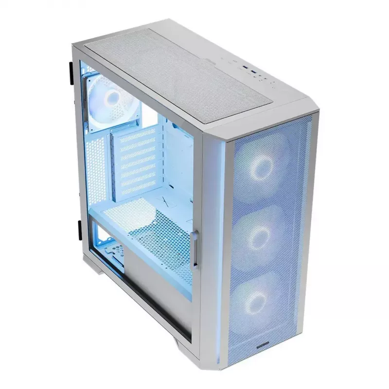 Datora korpuss MODECOM HORIZON FLOW MIDI balta — Midi-Tower, ARGB, Rūdīts stikls, micro ATX, USB-C, 3x140 mm priekšā, 1x140 mm aizmugurē, GPU līdz 400 mm, CPU dzesētāja augstums 172 mm