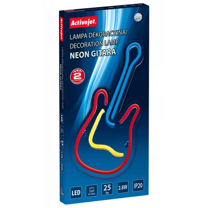 LED neona izkārtne ActiveJet AJE-NEON GUITAR daudzkrāsu USB 5V, 240×176×20 mm, virsmas montāža