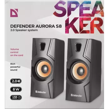 Vadu darbvirsmas skaļruņi DEFENDER Aurora S8 — 2.0, 8 W RMS, USB barošana, 3.5 mm, melna