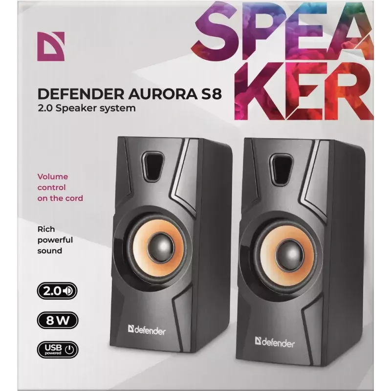 Vadu darbvirsmas skaļruņi DEFENDER Aurora S8 — 2.0, 8 W RMS, USB barošana, 3.5 mm, melna