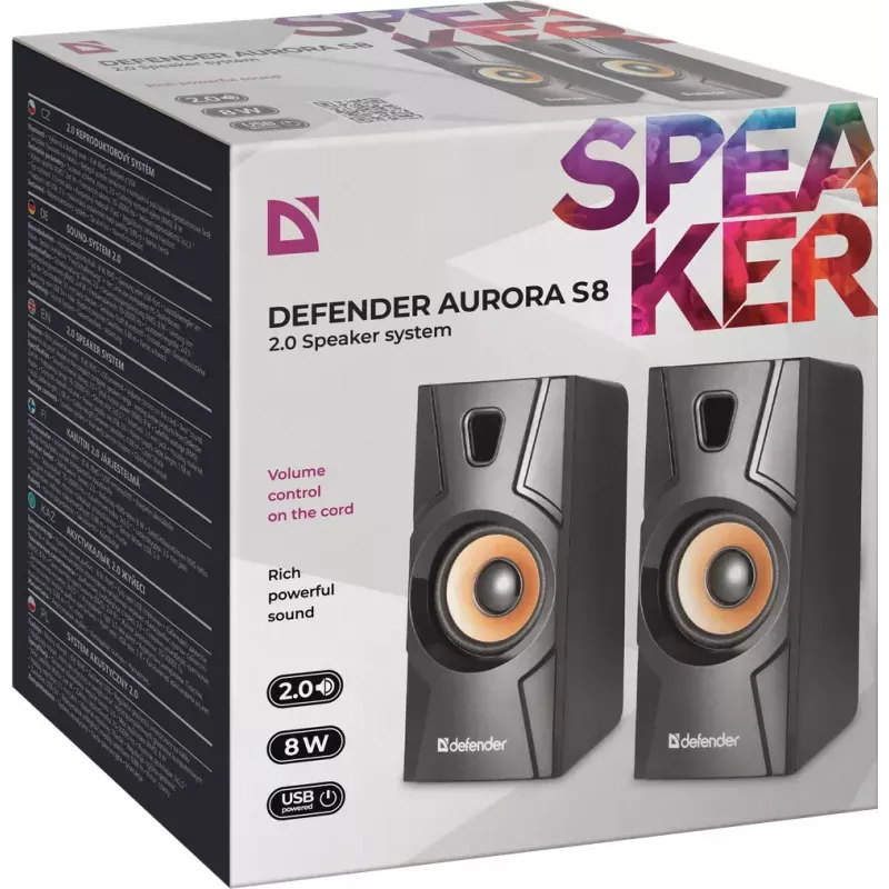 Vadu darbvirsmas skaļruņi DEFENDER Aurora S8 — 2.0, 8 W RMS, USB barošana, 3.5 mm, melna