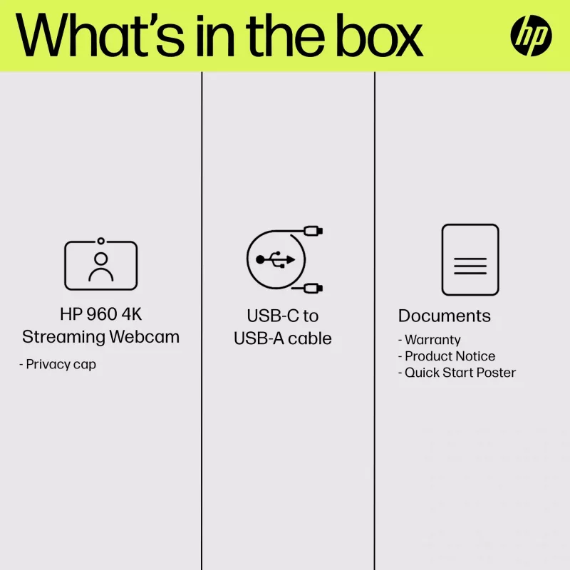 HP 960 4K straumēšanas tīmekļa kamera, 8 MP, 3840 x 2160 pikseļi, 4K Ultra HD, 30 kadri/s, 5x, Mājām