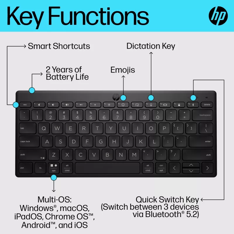 HP 350 Compact Multi-Device Bluetooth tastatūra, bezvadu, Bluetooth, mehāniska, QWERTY, melna