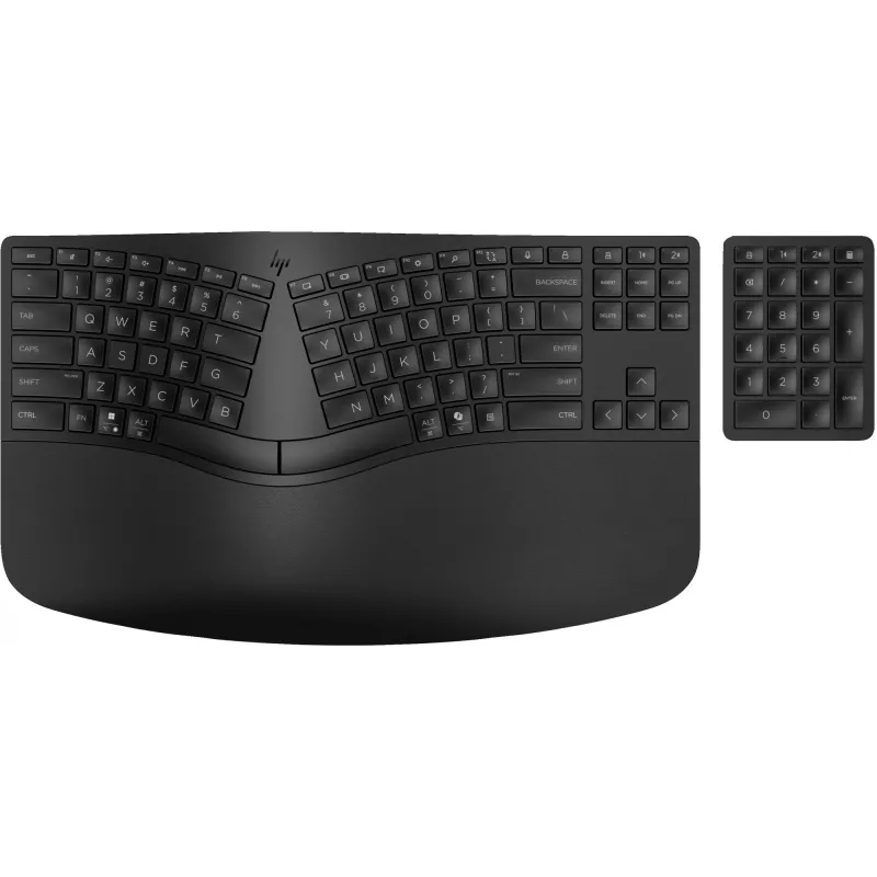 HP 965 Ergonomic bezvadu tastatūra, pilna izmēra (100%), bezvadu, RF bezvadu + Bluetooth, membrānas, QWERTY, melna
