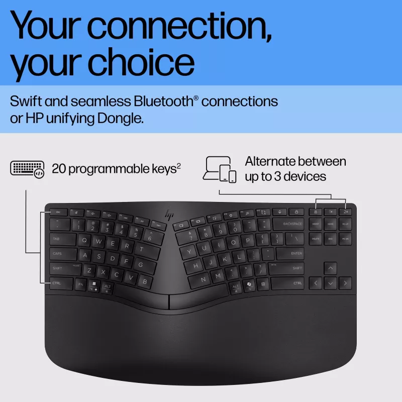 HP 965 Ergonomic bezvadu tastatūra, pilna izmēra (100%), bezvadu, RF bezvadu + Bluetooth, membrānas, QWERTY, melna