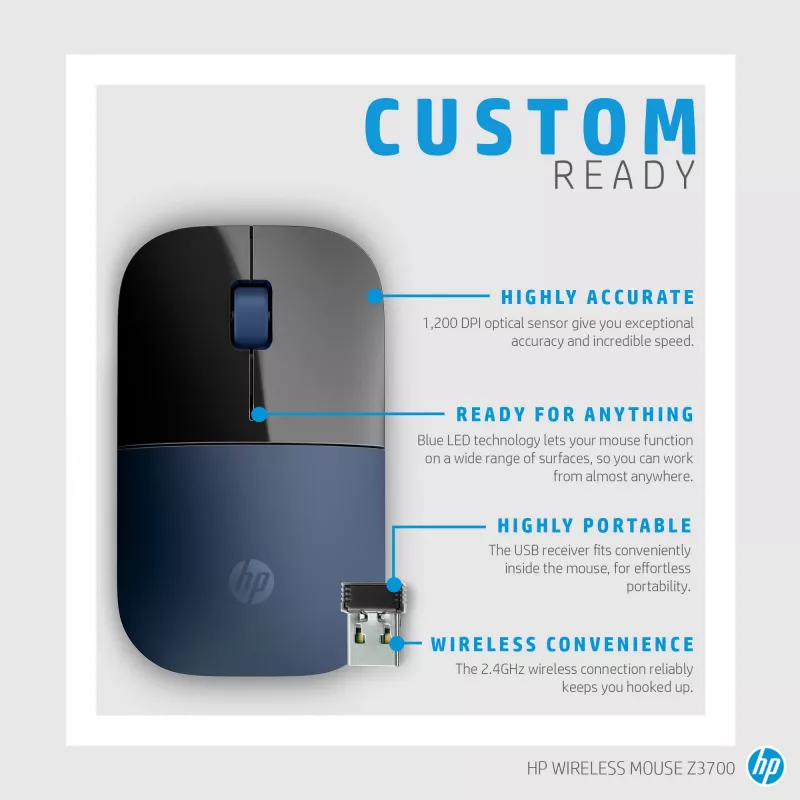 HP Wireless pele Z3700, piemērota abām rokām, Blue LED, RF Wireless, 1200 DPI, Melns, Blue