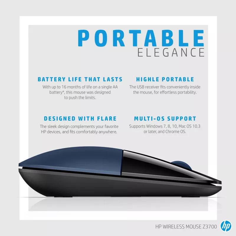 HP Wireless pele Z3700, piemērota abām rokām, Blue LED, RF Wireless, 1200 DPI, Melns, Blue