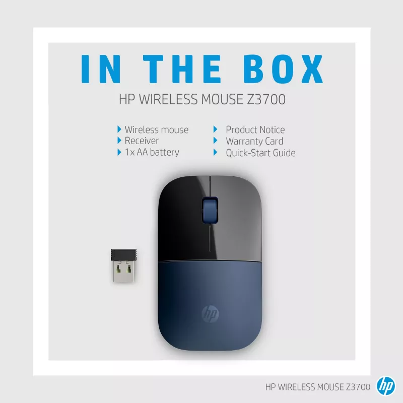 HP Wireless pele Z3700, piemērota abām rokām, Blue LED, RF Wireless, 1200 DPI, Melns, Blue
