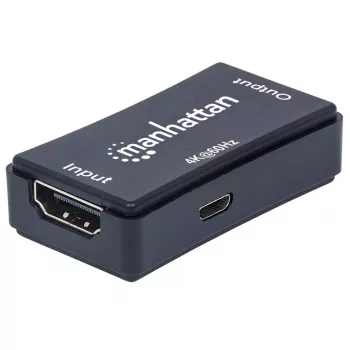AV atkārtotājs Manhattan HDMI Repeater 4K@60Hz, 1xHDMI ieeja/izeja, 600 MHz joslas platums, līdz 40 m, barošana caur micro‑USB, melns
