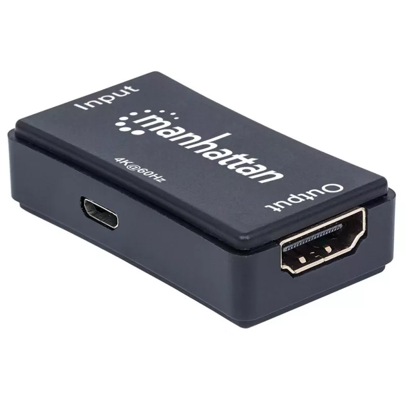 AV atkārtotājs Manhattan HDMI Repeater 4K@60Hz, 1xHDMI ieeja/izeja, 600 MHz joslas platums, līdz 40 m, barošana caur micro‑USB, melns