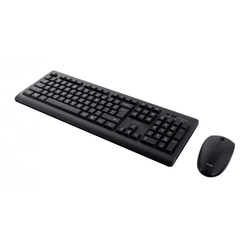 Bezvadu tastatūras un peles komplekts TRUST Primo — pilna izmēra QWERTY US angļu tastatūra, RF USB-A uztvērējs, 1200 DPI optiskā pele, melna