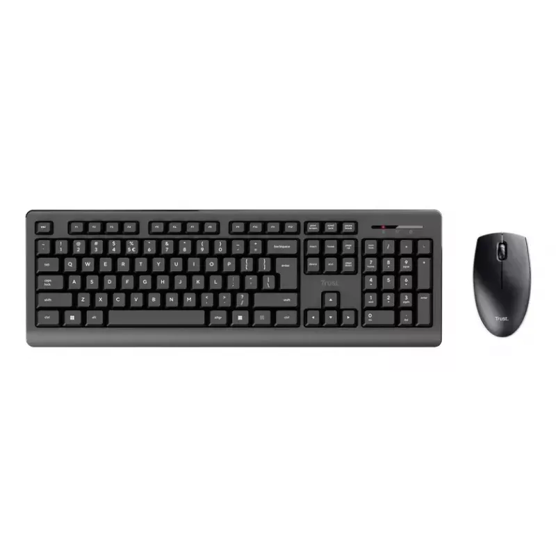 Bezvadu tastatūras un peles komplekts TRUST Primo — pilna izmēra QWERTY US angļu tastatūra, RF USB-A uztvērējs, 1200 DPI optiskā pele, melna