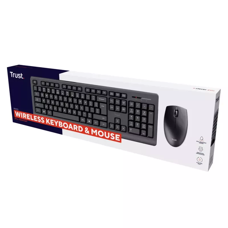 Bezvadu tastatūras un peles komplekts TRUST Primo — pilna izmēra QWERTY US angļu tastatūra, RF USB-A uztvērējs, 1200 DPI optiskā pele, melna