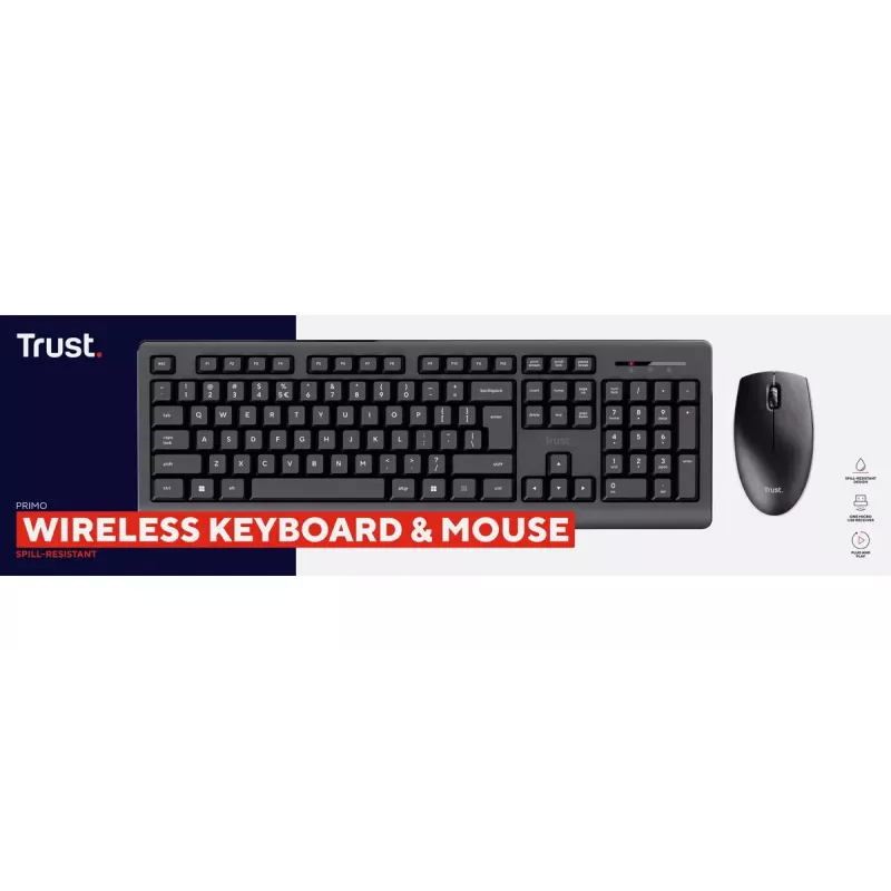 Bezvadu tastatūras un peles komplekts TRUST Primo — pilna izmēra QWERTY US angļu tastatūra, RF USB-A uztvērējs, 1200 DPI optiskā pele, melna
