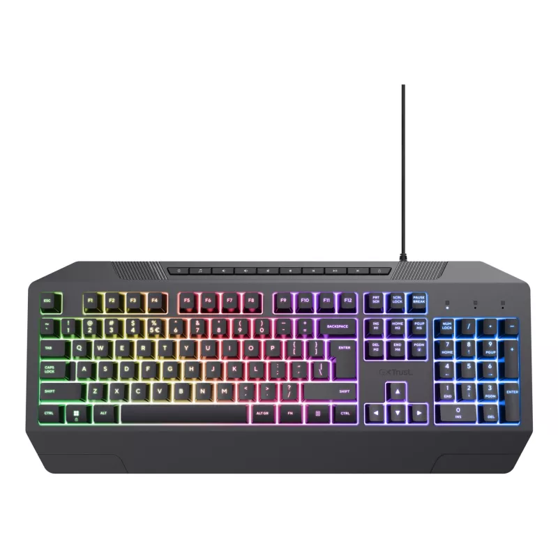 Vadu spēļu klaviatūra TRUST GXT 836 Evocx USB QWERTY US English, RGB fona apgaismojums, plaukstu balsts, 114 taustiņi, 110% izkārtojums