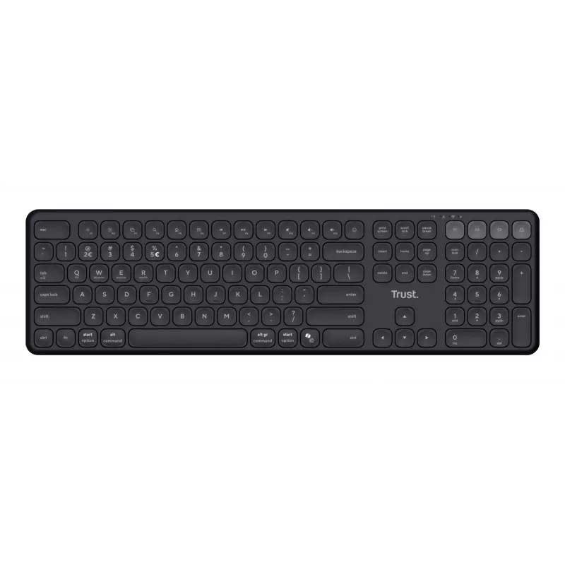 Klaviatūra TRUST Vaiya Universal USB RF Wireless Bluetooth — pilna izmēra US English, USB-C uzlāde, šķērveida taustiņi, cipartastatūra, melna