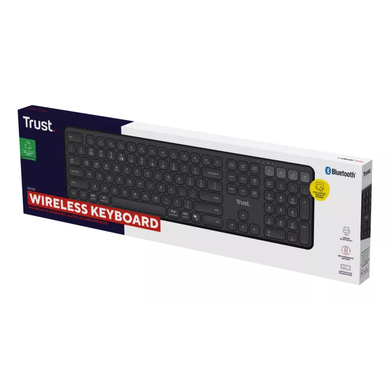 Klaviatūra TRUST Vaiya Universal USB RF Wireless Bluetooth — pilna izmēra US English, USB-C uzlāde, šķērveida taustiņi, cipartastatūra, melna