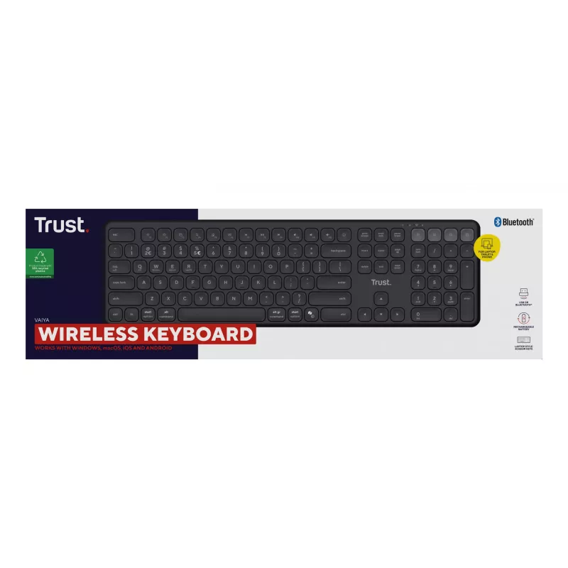 Klaviatūra TRUST Vaiya Universal USB RF Wireless Bluetooth — pilna izmēra US English, USB-C uzlāde, šķērveida taustiņi, cipartastatūra, melna