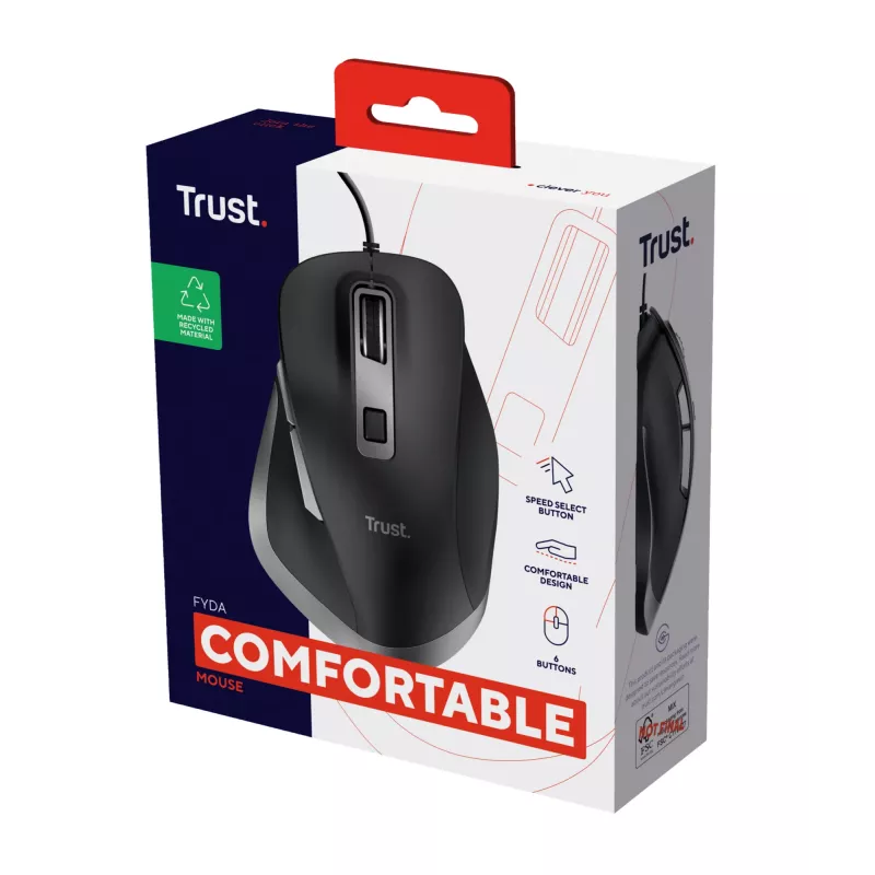 Trust Fyda vadu pele, labroča, optiskā, USB Type-A, 5000 DPI, melna