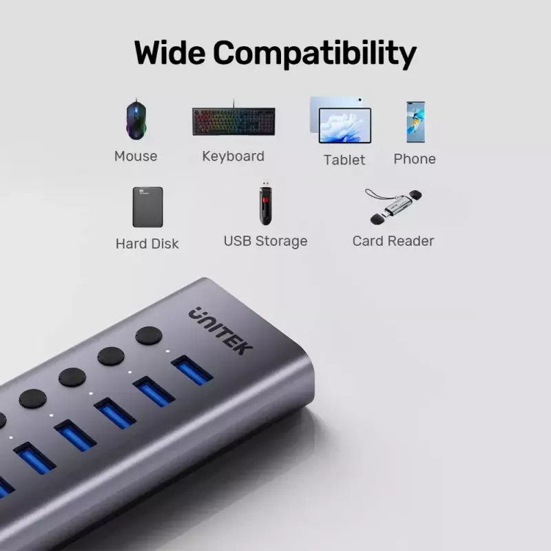 USB Type-C centrmezgls Unitek H1314A01-EU — 7× USB 3.2 Gen1 Type-A, SD karšu lasītājs, Gigabit Ethernet, 4K@60Hz, 100W PD, alumīnijs, pelēks