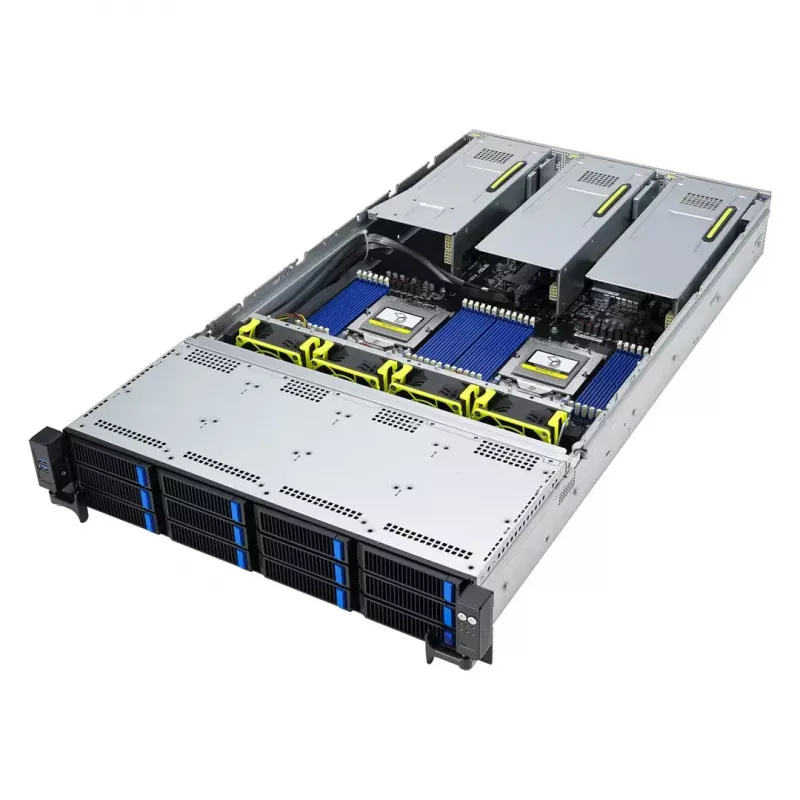 Rack serveris ASUS RS720A-E12-RS24U 2U Socket SP5, 2x CPU atbalsts, 24x 2,5 collu nodalījumi, 24 DIMM DDR5 sloti, 2600W PSU, 10GbE