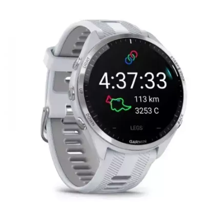 Viedpulkstenis GARMIN Forerunner 965 — 47 mm titāna korpuss, 1,4 collu AMOLED, 32 GB, 23 dienu akumulators, GPS/GLONASS/Galileo, balta silikona siksniņa