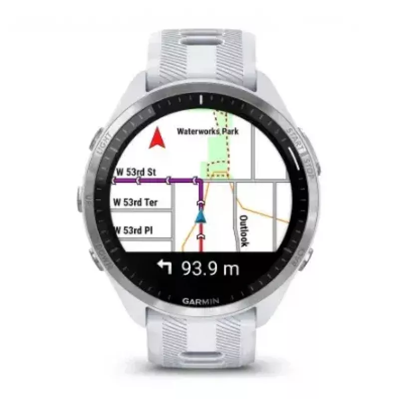 Viedpulkstenis GARMIN Forerunner 965 — 47 mm titāna korpuss, 1,4 collu AMOLED, 32 GB, 23 dienu akumulators, GPS/GLONASS/Galileo, balta silikona siksniņa