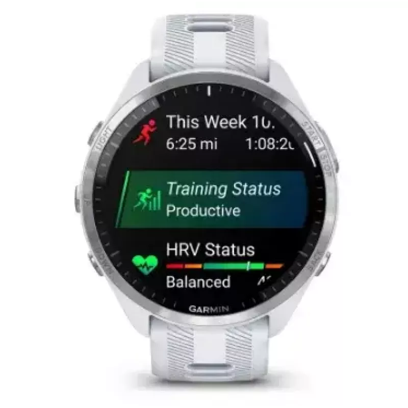 Viedpulkstenis GARMIN Forerunner 965 — 47 mm titāna korpuss, 1,4 collu AMOLED, 32 GB, 23 dienu akumulators, GPS/GLONASS/Galileo, balta silikona siksniņa