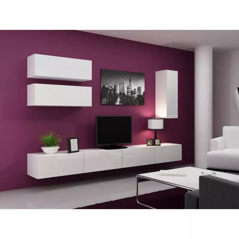 TV statīvs Cama Meble VIGO 140, 1400×400×300 mm, balts spīdīgs virsma, skaidu plātne, balts rāmis