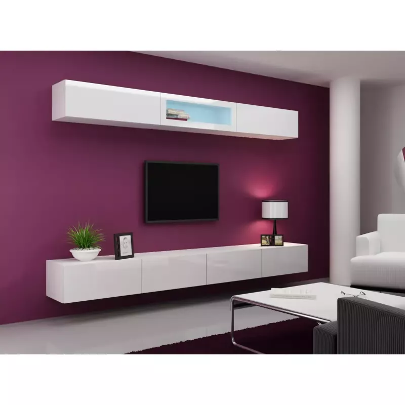 TV statīvs Cama Meble VIGO 140, 1400×400×300 mm, balts spīdīgs virsma, skaidu plātne, balts rāmis