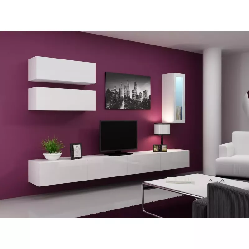 TV statīvs Cama Meble VIGO 140, 1400×400×300 mm, balts spīdīgs virsma, skaidu plātne, balts rāmis